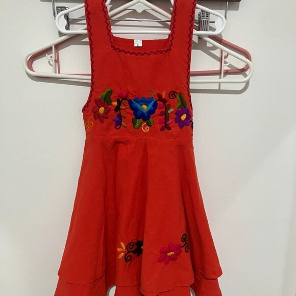 Little Girl's Hand Embroidered Mexican Summer Dress, Orange/Red, Size 6 - Picture 1 of 4
